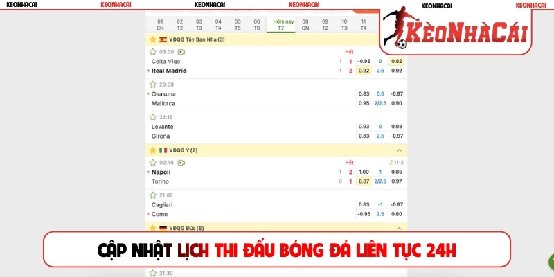 Cập nhật lịch thi đấu bóng đá trong 24h